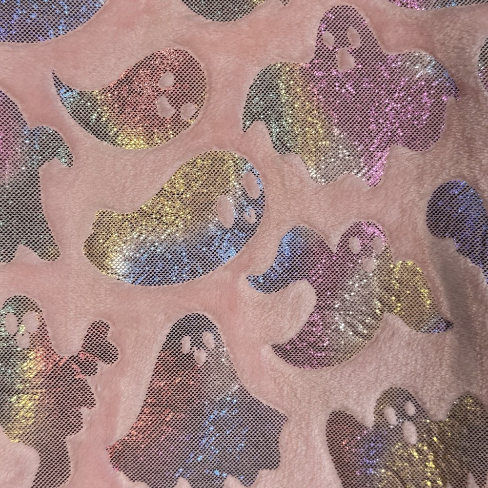 Halloween Ghosts Pink Foil Soft Plush Throw Blanket Iridescent 50x60 NWT